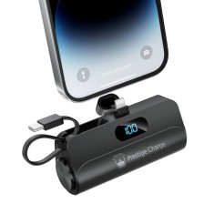 Baterie Externa Portabila PRESTIGE CHARGE&reg;, Ultraportabil, Power Bank Mini, Lanterna, Cabluri Integrate, 5.000 mAh, Display LED, Cablu USB Type C, Por