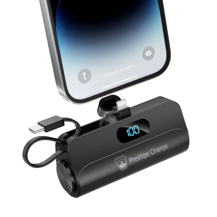 Baterie Externa Portabila PRESTIGE CHARGE&reg;, Ultraportabil, Power Bank Mini, Lanterna, Cabluri Integrate, 5.000 mAh, Display LED, Cablu USB Type C, Por