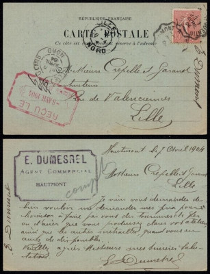 France 1904 Old postcard Ambulant convoyeur cancellation Hautmont DB.152 foto