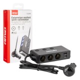 Triplu stecher bricheta, priza cu prelungitor, cu volmetru 12V USB 2.0, USB C AutoDrive ProParts, Amio