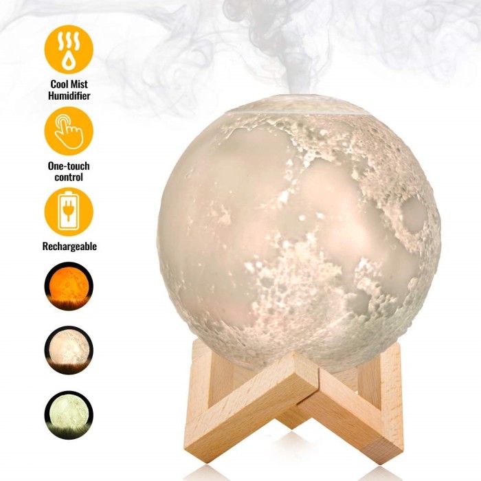 Lampa 3D Aromatherapy Diffuser Umidificator lumina alb + galben imprimata 3D reincarcabila cu acumulator,modelul nou cu Stand Lemn cadou AK3800