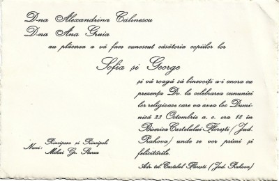 A3014N Invitație la o nuntă la care au fost nași Principesa și Principele Mihai Gr Sturza, la Biserica Castelului Florești, județul Prahova foto