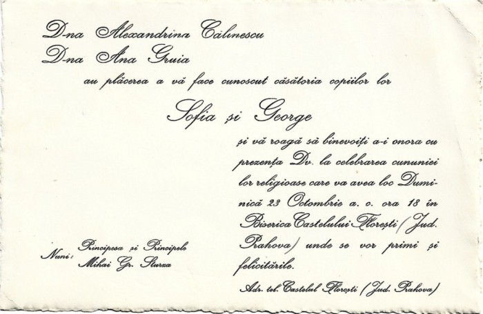A3014N Invitație la o nuntă la care au fost nași Principesa și Principele Mihai Gr Sturza, la Biserica Castelului Florești, județul Prahova