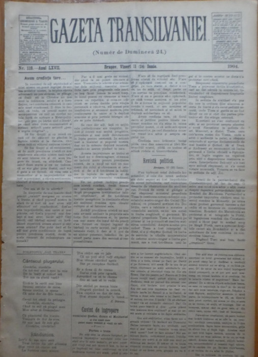 Gazeta Transilvaniei , Numer de Dumineca , Brasov , nr. 128 , 1904