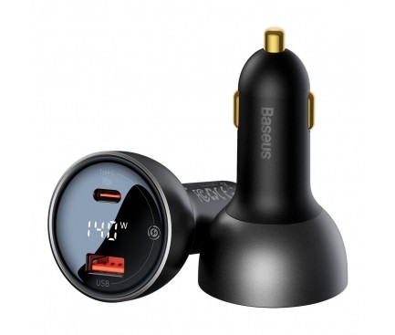 INCARCATOR auto Baseus Digital Display, Quick Charge PD 3, 140W, 1 x USB, 1 x USB Type-C, include cablu USB Type-C la USB Type-C de 1m, negru &quot;CGZX070