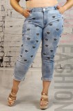 F839-411 Blugi casual din material usor elastic cu strasuri si albinute, L, L/XL, XL/XXL
