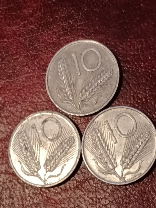 Lot 3 monede Italia: 10 lire 1973 + 1974 + 1975, stari: UNC + Luciu [poze]. Discount conform descriere [10 - 20 %. Vezi descrierea.].