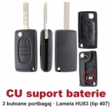 Set 2 bucati - Carcasa cheie briceag Topautochei&amp;#174; 3 butoane portbagaj, CU suport baterie, lamela HU83, compatibila cu Peugeot 307 308 407 si Citr