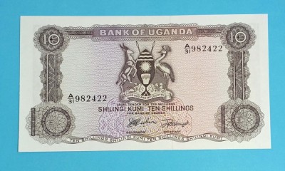 Bancnotă Uganda (pick 2) 10 Shillings 1966 UNC serie: A/31 982422 foto