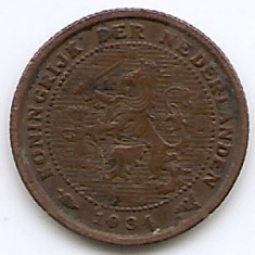 Olanda ½ Cent 1934 - Wilhelmina, Bronz, 14 mm KM-138