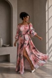 Rochie din satin bej cu imprimeu floral portocaliu si maneci bufante