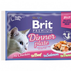Brit Premium Multipack Dinner Plate, 4 arome, pachet mixt, plic hrană umedă pisici, (în aspic), 4 x 85g