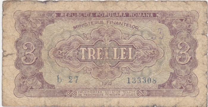 ROMANIA RPR 3 LEI 1952 uzata