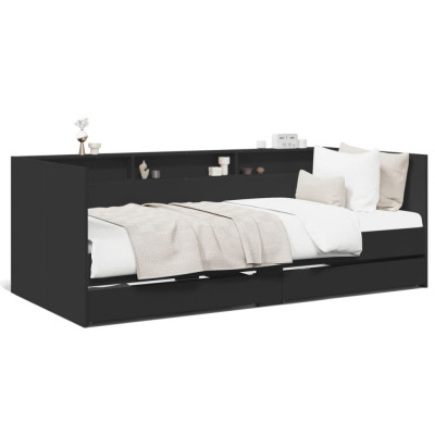 vidaXL Cadru pat de zi cu sertare, negru, 90x200 cm, lemn prelucrat foto