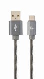 CABLU alimentare si date GEMBIRD, pt. smartphone, USB 2.0 (T) la USB 2.0 Type-C (T), 2m, premium, impletire din bumbac, gri-metalizat cu insertii albe