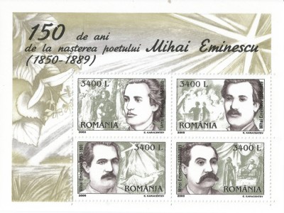 |Romania, LP 1502a/2000, 150 de ani de la nasterea poetului M. Eminescu, bloc foto