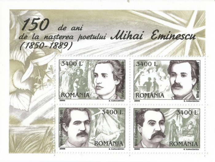 |Romania, LP 1502a/2000, 150 de ani de la nasterea poetului M. Eminescu, bloc