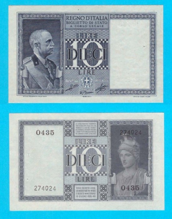 Italia (p#25) 10 Lire 1939 aUNC+ &#039;Emanuele III&#039; serie: 0435 274024