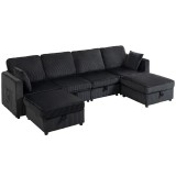 HOMCOM Canapea colț 4 locuri formă U cu ottoman cu depozitare, colțar 306 cm cu aspect cord, 4 perne, pentru living | Aosom Romania