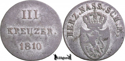 1810, 3 Kreuzer - Frederic Augustus &amp;amp; Frederic Wilhelm | Ducatul Nassau | KM 30 foto