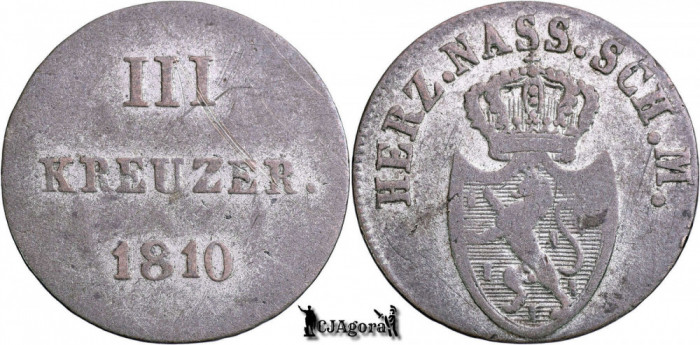 1810, 3 Kreuzer - Frederic Augustus &amp; Frederic Wilhelm | Ducatul Nassau | KM 30