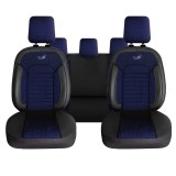 Cumpara ieftin Set Huse Scaune Auto Panda Kas, material textil cu piele ecologica, cu fermoare pentru bancheta rabatabila, albastru cu negru, 11 piese