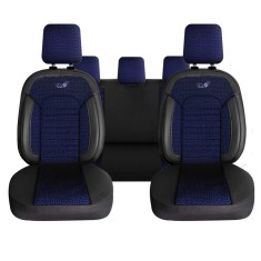 Set Huse Scaune Auto Panda Kas, material textil cu piele ecologica, cu fermoare pentru bancheta rabatabila, albastru cu negru, 11 piese