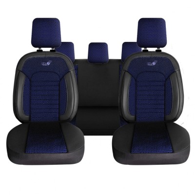 Set Huse Scaune Auto Panda Kas, material textil cu piele ecologica, cu fermoare pentru bancheta rabatabila, albastru cu negru, 11 piese foto