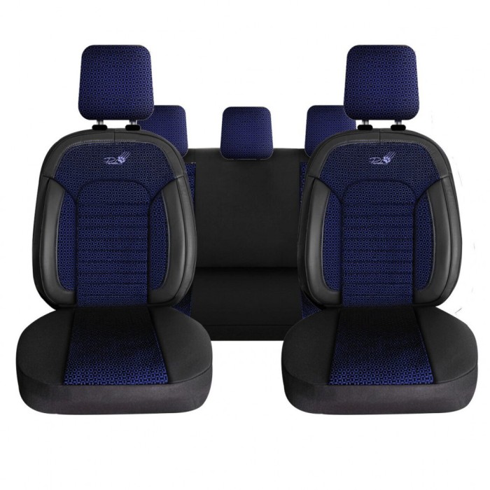 Set Huse Scaune Auto Panda Kas, material textil cu piele ecologica, cu fermoare pentru bancheta rabatabila, albastru cu negru, 11 piese