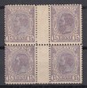 ROMANIA1906 REGELE CAROL I SPIC DE GRAU FARA FILIGRAN 15B BLOC DE 4 CU PUNTE MNH, Nestampilat