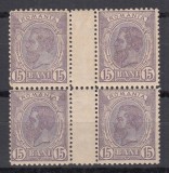 ROMANIA1906 REGELE CAROL I SPIC DE GRAU FARA FILIGRAN 15B BLOC DE 4 CU PUNTE MNH, Nestampilat