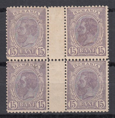 ROMANIA1906 REGELE CAROL I SPIC DE GRAU FARA FILIGRAN 15B BLOC DE 4 CU PUNTE MNH foto