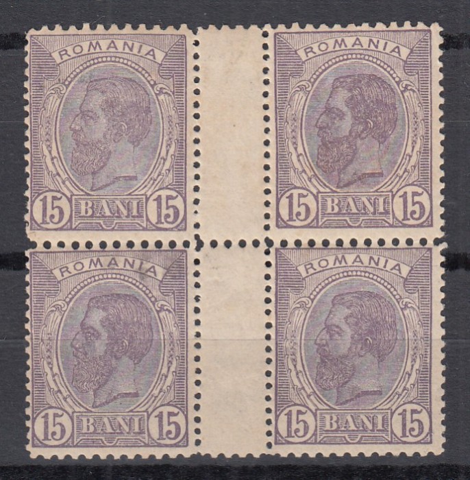 ROMANIA1906 REGELE CAROL I SPIC DE GRAU FARA FILIGRAN 15B BLOC DE 4 CU PUNTE MNH