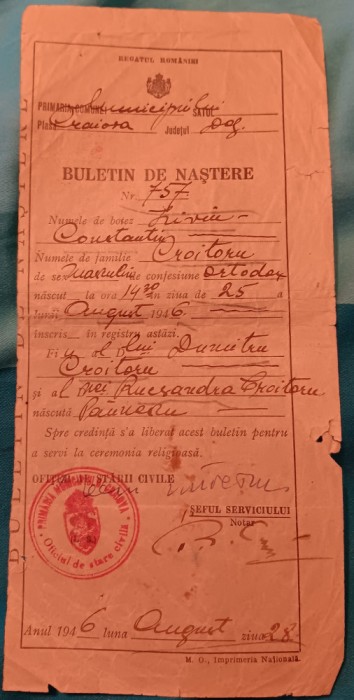 QW13 12 - 1946 - Buletin de nastere - Regatul Romaniei
