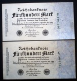 01. GERMANIA 2X500 FUNFHUNDERT MARK MARCI 7.07.1922 VF+/AUNC SERII CONSECUTIVE 650-651