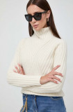 BOSS pulover de lana femei, culoarea bej, călduros, cu turtleneck