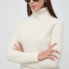 BOSS pulover de lana femei, culoarea bej, călduros, cu turtleneck