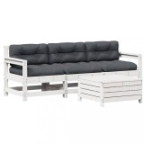 Set mobilier de gradina cu perne, 4 piese alb lemn masiv de pin