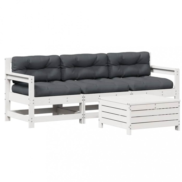 Set mobilier de gradina cu perne, 4 piese alb lemn masiv de pin