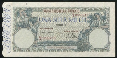u605 ROMANIA 100000 lei 20 decembrie 1946 aUNC doar cu urme de manipulare foto