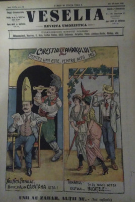 Ziarul Veselia : CHESTIA ZAHĂRULUI - gravură, 1915 foto