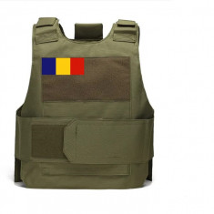 Vesta tactica Airsoft reglabila, verde cu steagul Romaniei, marime S-M, Delta Soft Body Armor TAN