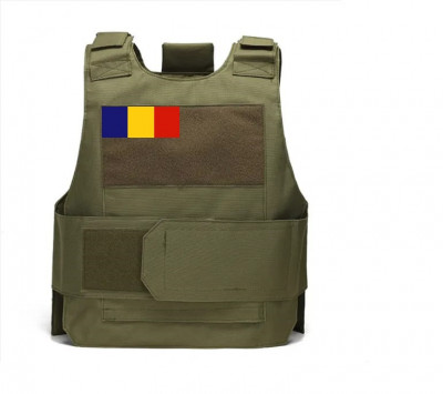 Vesta tactica Airsoft reglabila, verde cu steagul Romaniei, marime S-M, Delta Soft Body Armor TAN foto