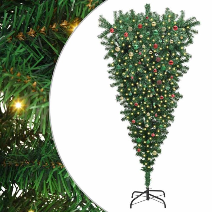 vidaXL Brad de Crăciun artificial pre-luminat cu design cu rădăcină &icirc;n sus și set de mingi 3396890