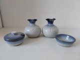 Set ceramic (gresie) pentru masa - 2 carafe mici pentru ulei si otet si 2 vase pentru sosuri (unul cu capac si loc de lingura)