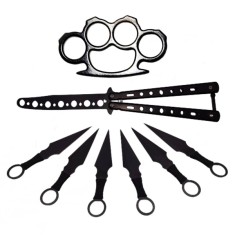 Set briceag fluture , rozeta si 6 cutite de aruncat , IdeallStore&reg; ,otel inoxidabil,negru
