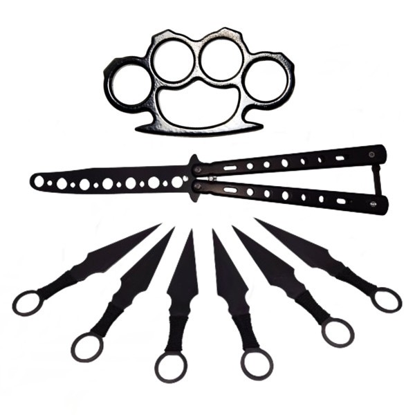 Set briceag fluture , rozeta si 6 cutite de aruncat , IdeallStore&reg; ,otel inoxidabil,negru