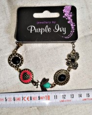 Brățară Purple Ovy Bronz 5 segmente vintage 1990, vintage, albină, fluture, inimă emailată coral piese ovale și rotunde strasuri negre și turcoaz