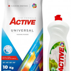 Detergent Universal de rufe pudra Active, sac 10kg, 135 spalari + Detergent de vase lichid Active, 1 litru, mar