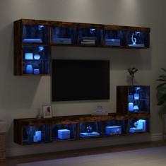 vidaXL Unita?i de perete TV cu LED-uri, 8 piese, stejar fumuriu, lemn foto
